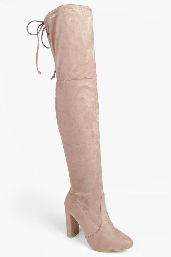 Mia Block Heel Lace Up Back Over Knee Boot